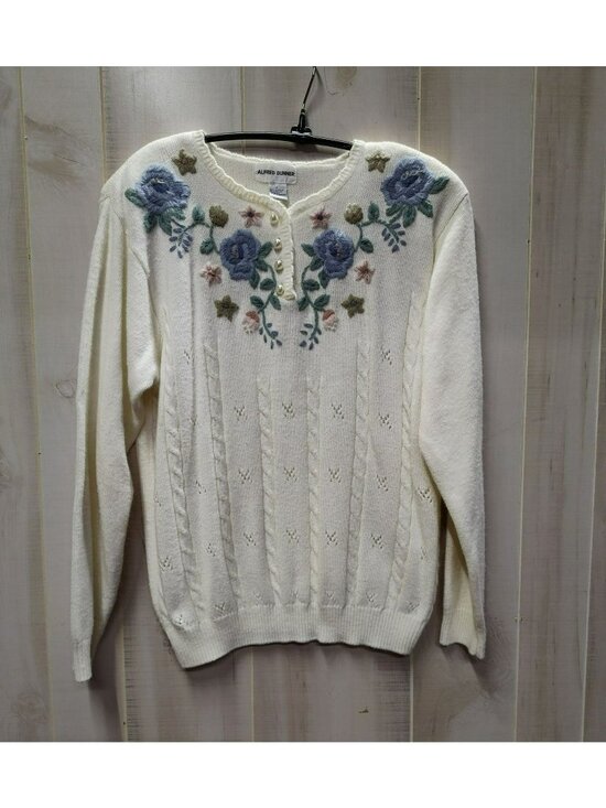 Alfred Dunner Sweaters - Alfred Dunner Stunner L/S Sweater Sz L Floral Embroidery Pearl Buttons Pointelle